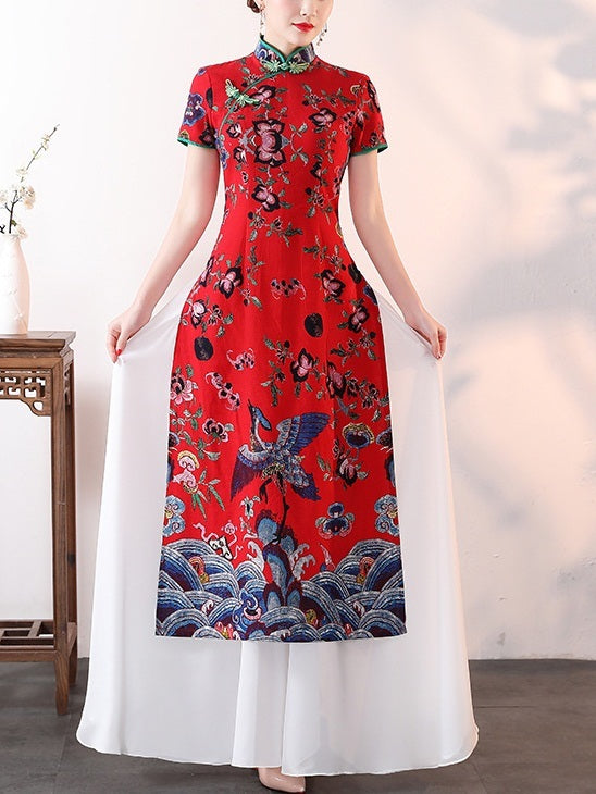 Meeta (Bust 83-110CM) Red Oriental Chinese New Year Print Mother of The Bride Gown Plus Size Cheongsam Qipao Occasion Short Sleeve Maxi Dress