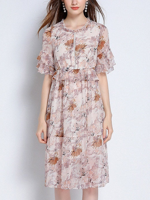 Poesy Beige Floral Frill Sleeve Dress