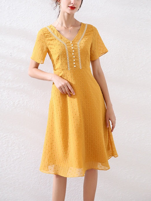 Kristia Plus Size Yellow Chiffon Pindot Dress