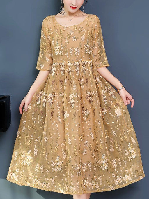 Sunnie Plus Size Evening Wedding Occasion Mother of The Bride Dinner Formal Dress Gold Floral Organza Loose Mid Sleeve Midi Dress (Outer Dress and Inner Dress Set)