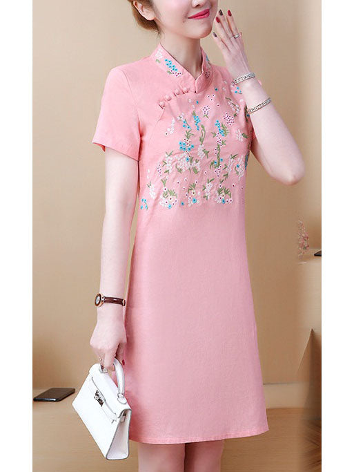 Teale Plus Size Cheongsam Pink Floral Short Sleeve Dress (Suitable For Chinese New Year, Office) (Pink)