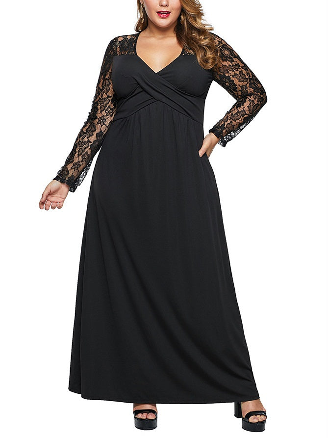 Sophronia Plus Size Dinner Occasion Prom Formal Wedding Dress V Neck Wrap Neckline Lace Sleeve With Sleeves Long Sleeve Maxi Dress