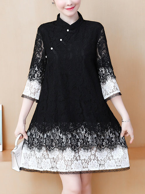 (Bust 104-120 CM) Tori Plus Size Black and White Lace Cheongsam Qipao Bell Sleeve Mid Sleeve Dress (Black)