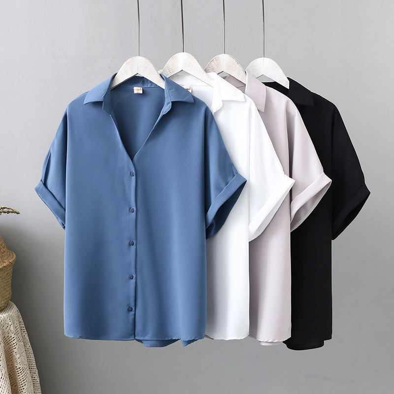 (Special Price!) Yue Plus Size V Neck Buttons Short Sleeve Shirt Blouse (Office, Work Suitable) (White, Grey, Blue, Black)