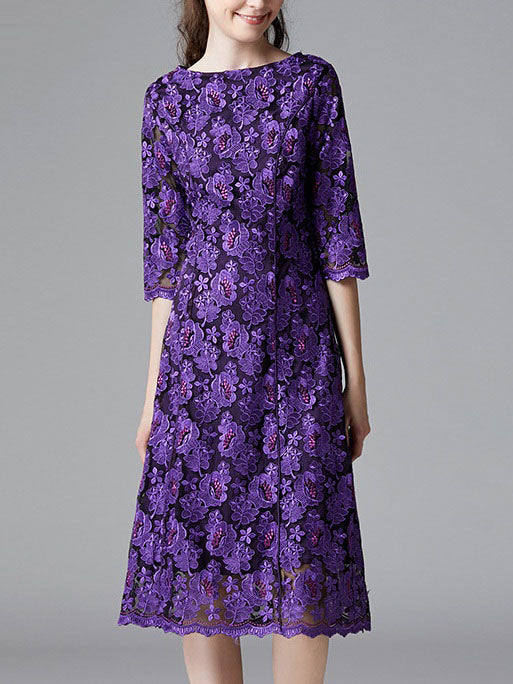 Shoshona Purple Floral Lace Scallop Mid Sleeve Midi Dress