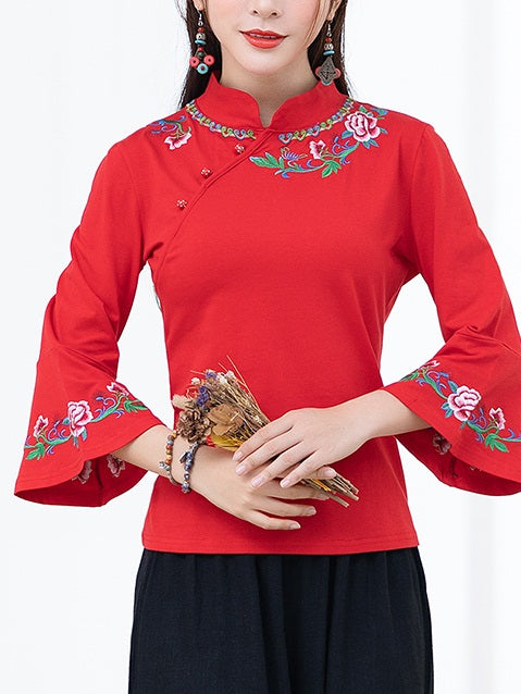 Tinaya Plus Size Cheongsam Qipao Top - Floral Ethnic Chinese Embroidery Long Sleeve Top (Red, Black) (Suitable For Chinese New Year)