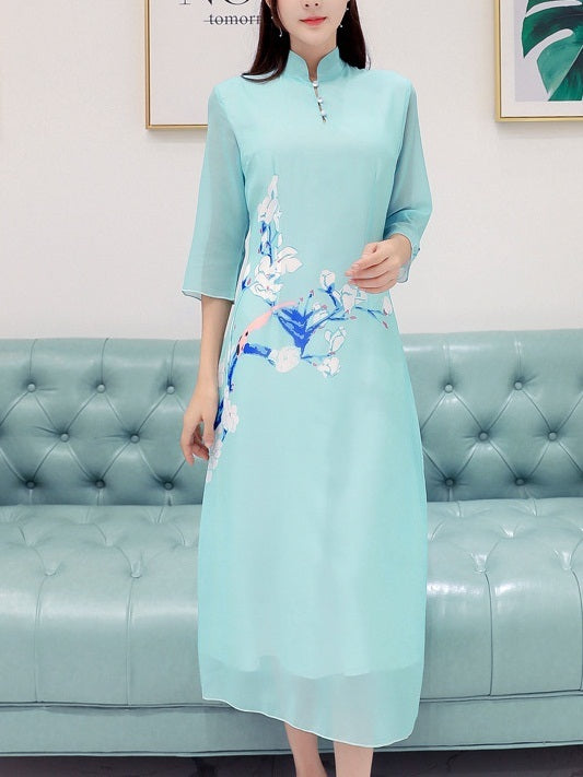 (Bust 86-120CM) Marlo Blue Qipao Midi Dress