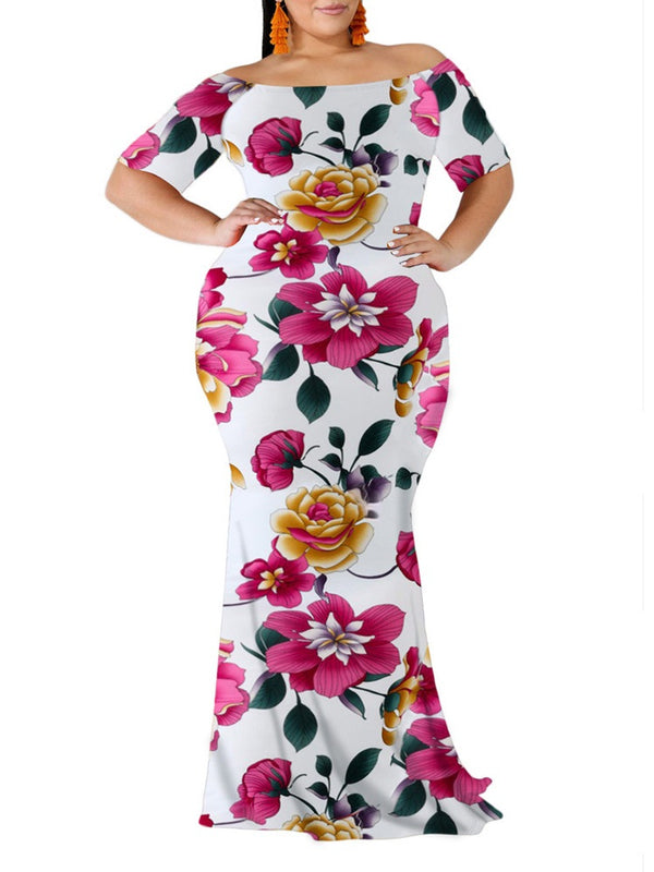 Tamzin Plus Size Floral Print Bodycon Off Shoulder Fishtail Short Sleeve Maxi Dress (Suitable For Party, Chinese New Year, Weddings) (EXTRA BIG SIZE) (White, Blue)