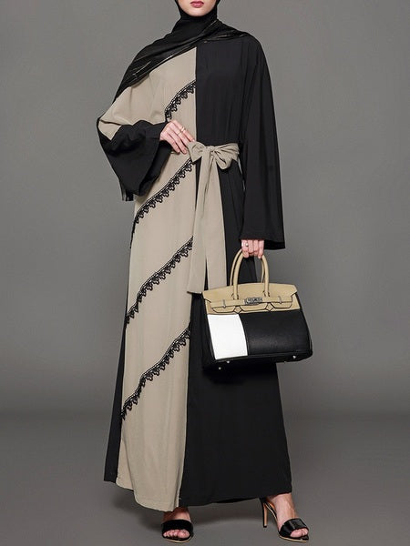Morven Khaki and Black Lace Colourblock Slant Lace Maxi Abaya Dress