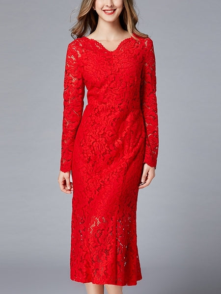 Red Fitted Mermaid Midi Lace Plus Size Evening Occasion Dress
