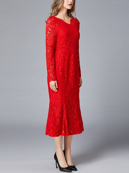 Plus Size Red Fitted Mermaid Midi Lace Plus Size Evening Occasion Dress –  Pluspreorder