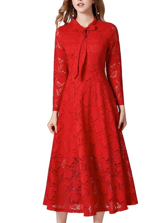 Magdalen Bow Red Lace Swing Plus Size Occasion Long Sleeve Midi Dress