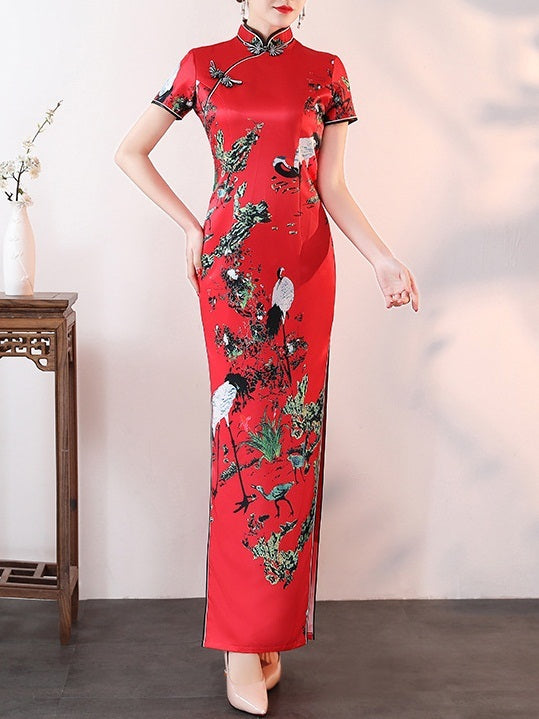 Meg (Bust 83-110CM) Occasion Red Chinese Cranes Plus Size Mother of The Bride Gown Cheongsam Qipao Maxi Dress
