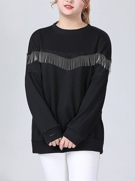 (Up To 180CM Bust) Suzann Plus Size Black Chains Tassel Pullover Autumn / Winter Long Sleeve Sweater Top (EXTRA BIG SIZE) (With Fleece, Normal - Without Fleece)