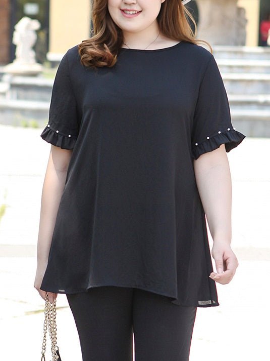 (Ready Stock 6XL - 1 Pc) Vanetta Plus Size Black Chiffon Pleat Pearl Short Sleeve Blouse (EXTRA BIG SIZE)