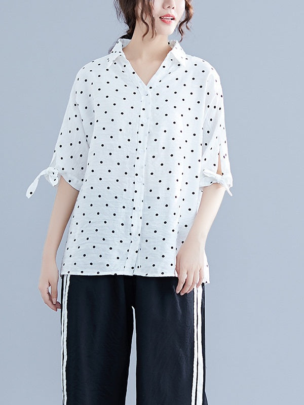 Red White Polka Dots Ribbon Mid Sleeve Shirt Blouse