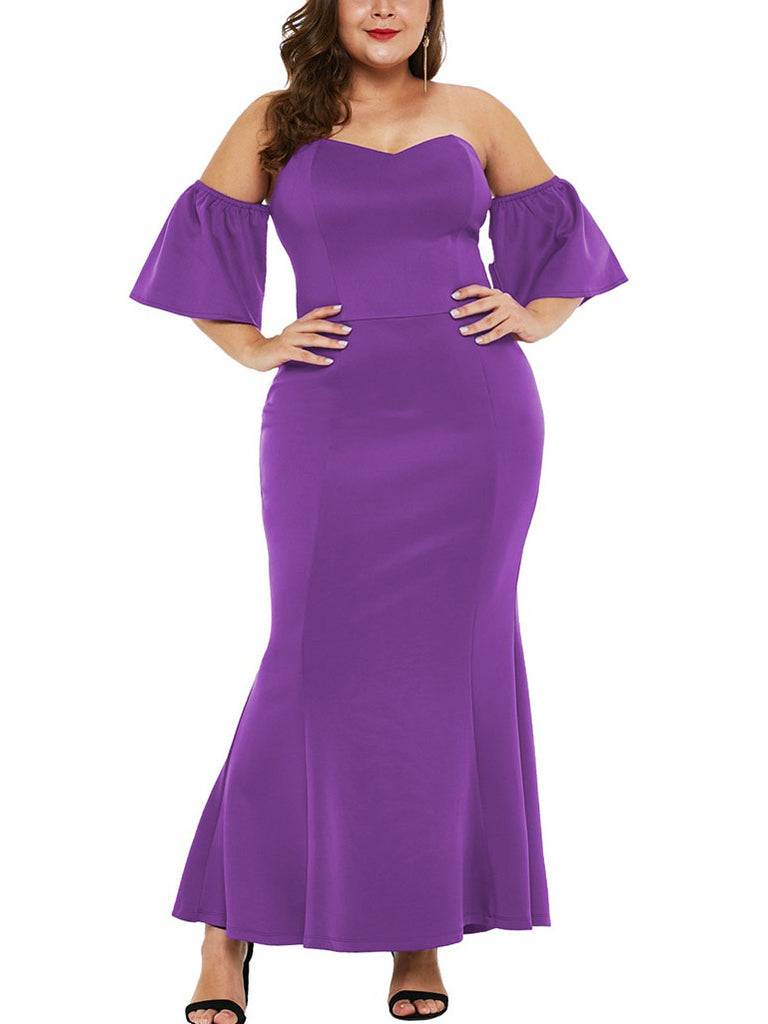 Sophy Plus Size Dinner Occasion Prom Formal Wedding Dress Sweetheart Bodycon Fishtail Mermaid With Sleeves Short Sleeve Maxi Dress (Purple, Black)