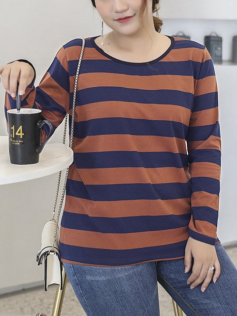 Sionainn Stripes L/S Tee Shirt Top (Brown, Grey) (EXTRA BIG SIZE)