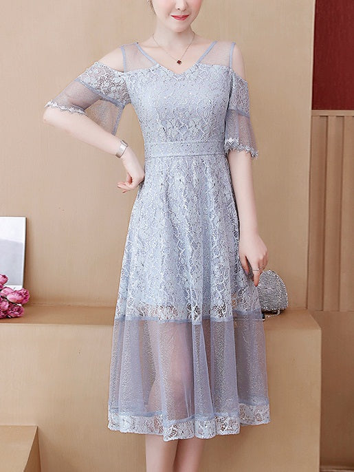 Lala Plus Size Occasion Grey Lace Off Shoulder Short Sleeve Midi Dress