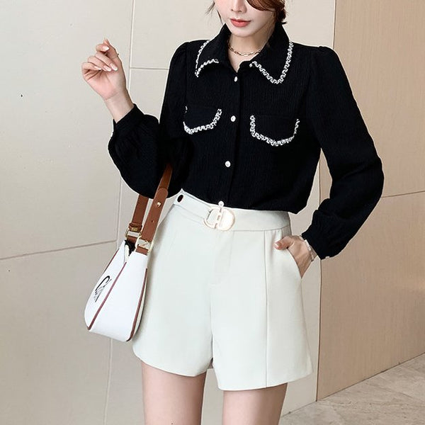 Plus Size Chanel-Esque Puff Sleeve Long Sleeve Shirt Blouse