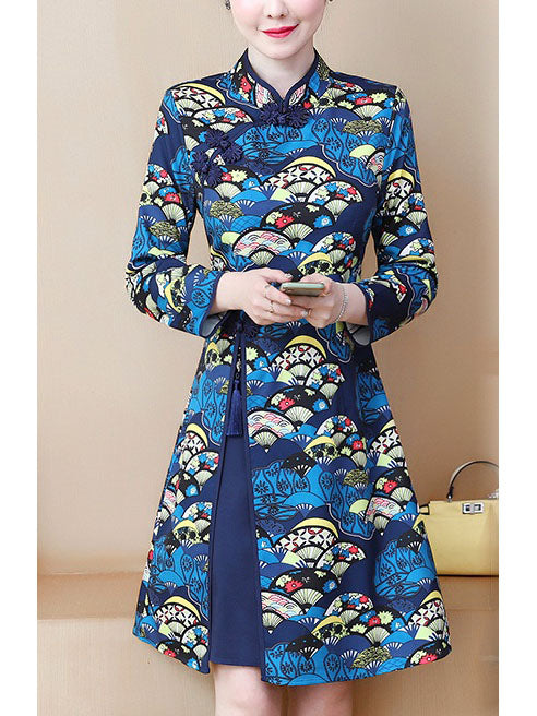 (Bust 104-120 CM) Torianna Plus Size Blue Japanese Fan Print Side Panel Cheongsam Qipao Long Sleeve Dress (Blue)