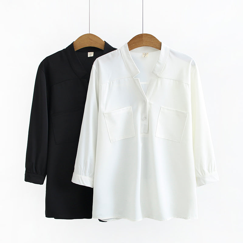 Yui Plus Size V Neck Pockets 3/4 Mid Sleeve Blouse (White, Black)