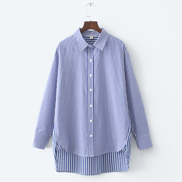 Plus Size Blue Stripe Longer Back Long Sleeve Shirt Blouse