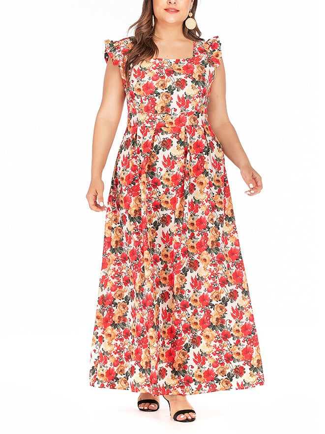 Wilder Plus Size Floral Frills Short Sleeve Maxi Dress (Suitable For Vacation, Beach Wear) (EXTRA BIG SIZE)