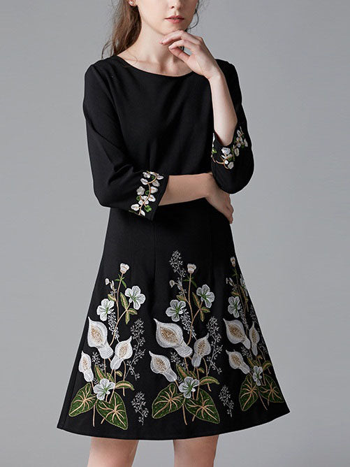 Shree Black Floral Embroidery Mid Sleeve Midi Dress