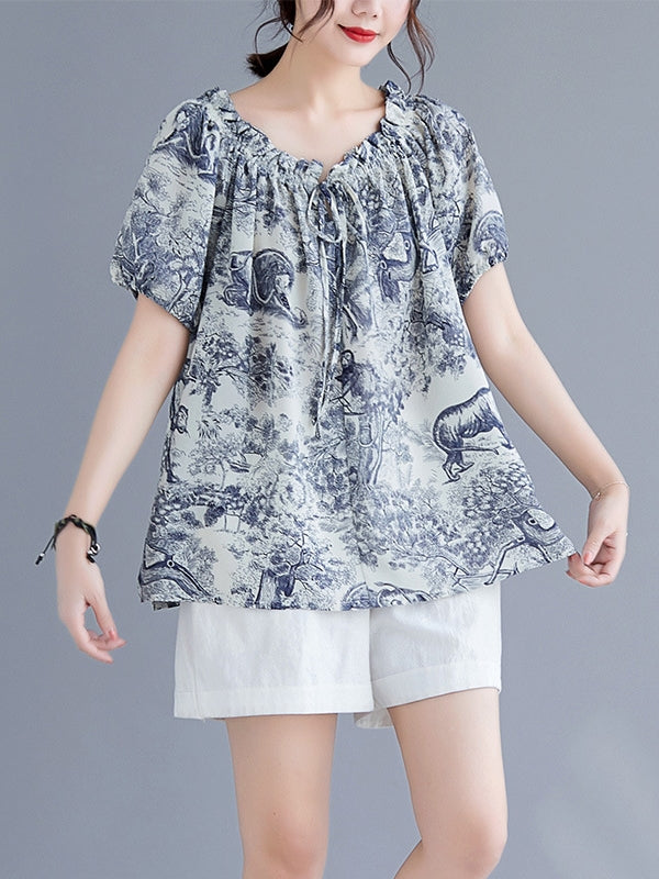 Scenery Print S/S Blouse (EXTRA BIG SIZE)