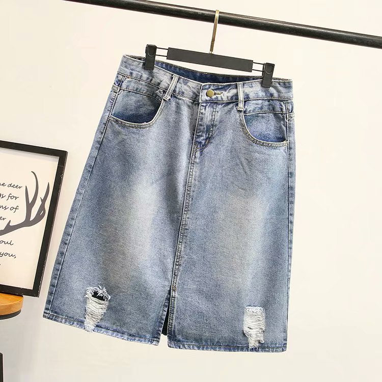 Mid length distressed deals denim skirt