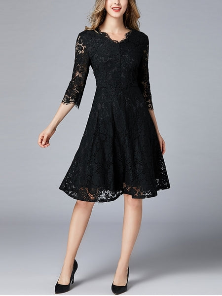 Black Lace Swing Plus Size Formal Occasion Bridesmaid Mid Sleeve Dress