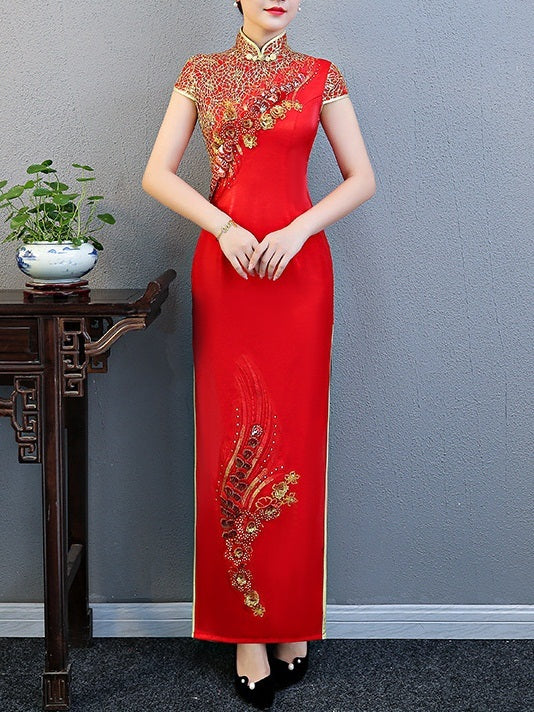 Megaera (Bust 83-110CM) Gold Embellished Plus Size Cheongsam Qipao Mother of The Bride Evening Wedding Gown Occasion S/S Maxi Dress