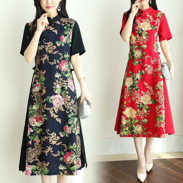 Plus Size Oriental Cheongsam Side Panel A Line Short Sleeve Midi Dress