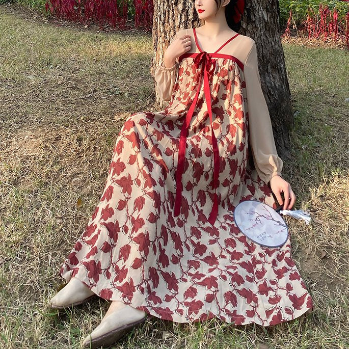 Plus Size Red Floral Oriental Floral Hanbok Long Sleeve Dress
