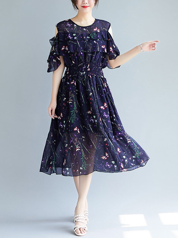 Xe'Nedra Plus Size Blue Butterfly Print Off Shoulder Short Sleeve Midi Dress (EXTRA BIG SIZE)