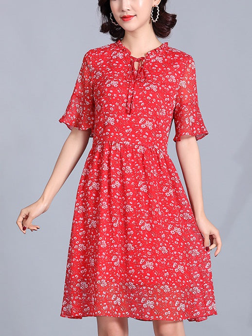 Rolanna Red Floral Chiffon Bell Sleeve S/S Dress