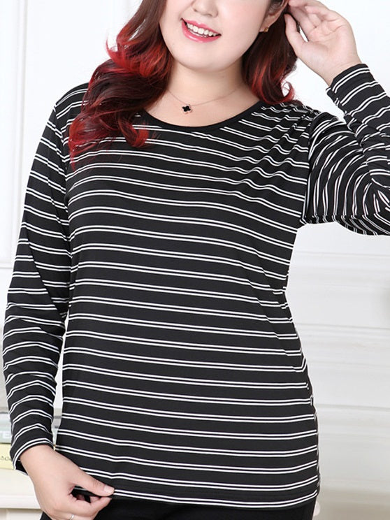 Syretia Plus Size Basic | Casual | Lounge Black Stripe Long Sleeve T Shirt Top (EXTRA BIG SIZE)