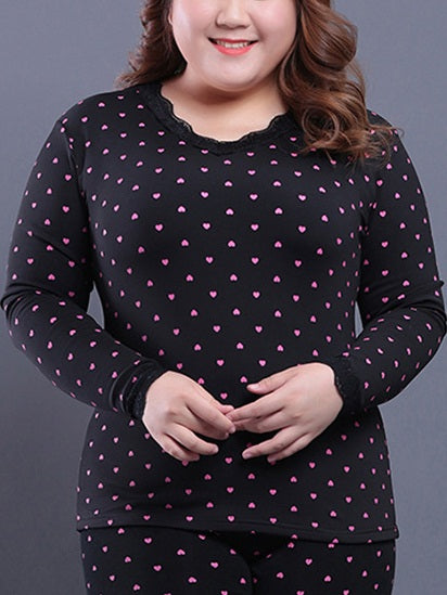 (2 Piece)Skyla Winter V Neck Pink Hearts Print Single-layer Fleece Thick Inner Thermal Wear L/S Top and Leggings Pants Set (Black)