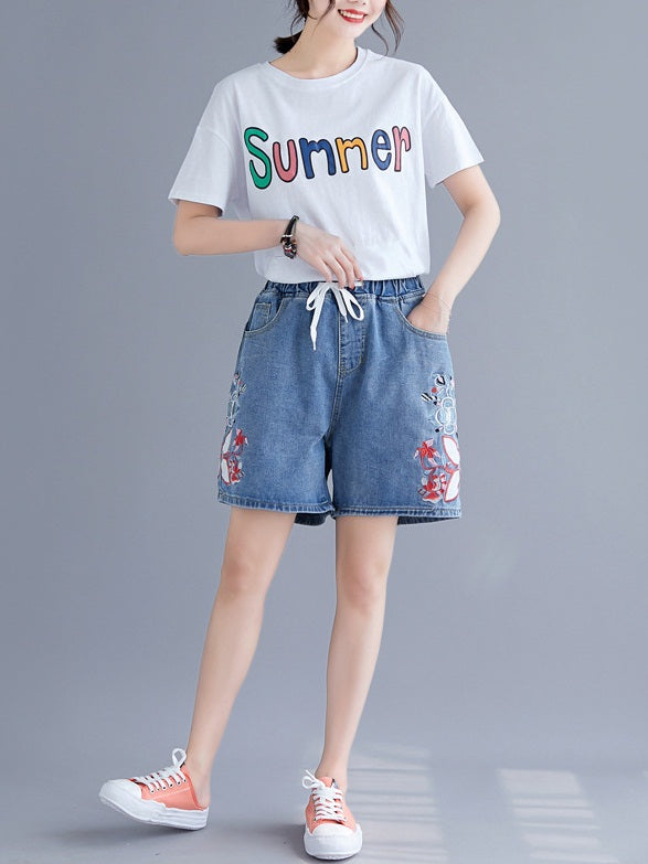Rubicela Floral Embroidery Denim Shorts (EXTRA BIG SIZE)