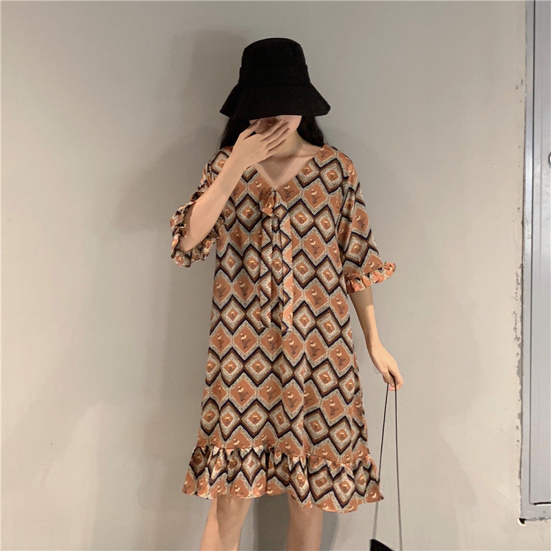 Keyne Plus Size Korean Brown Vintage Print Short Sleeve Dress