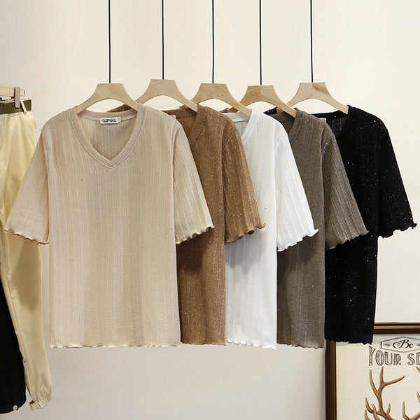 Yuki Plus Size V Neck Ribbed Shimmer Knit Short Sleeve T Shirt Top (White, Black, Grey, Khaki, Brown)