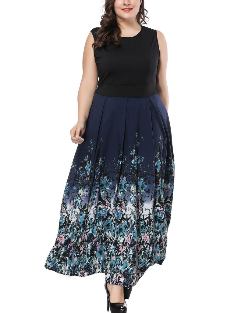 Wilderness Plus Size Art Floral Pleats Sleevless Sleeve Maxi Dress (EXTRA BIG SIZE)