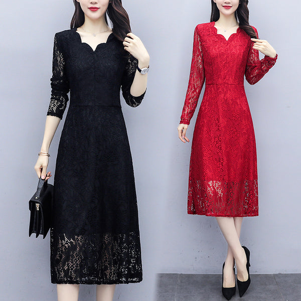 Lelly Plus Size Occasion Scallop Lace Long Sleeve Midi Dress