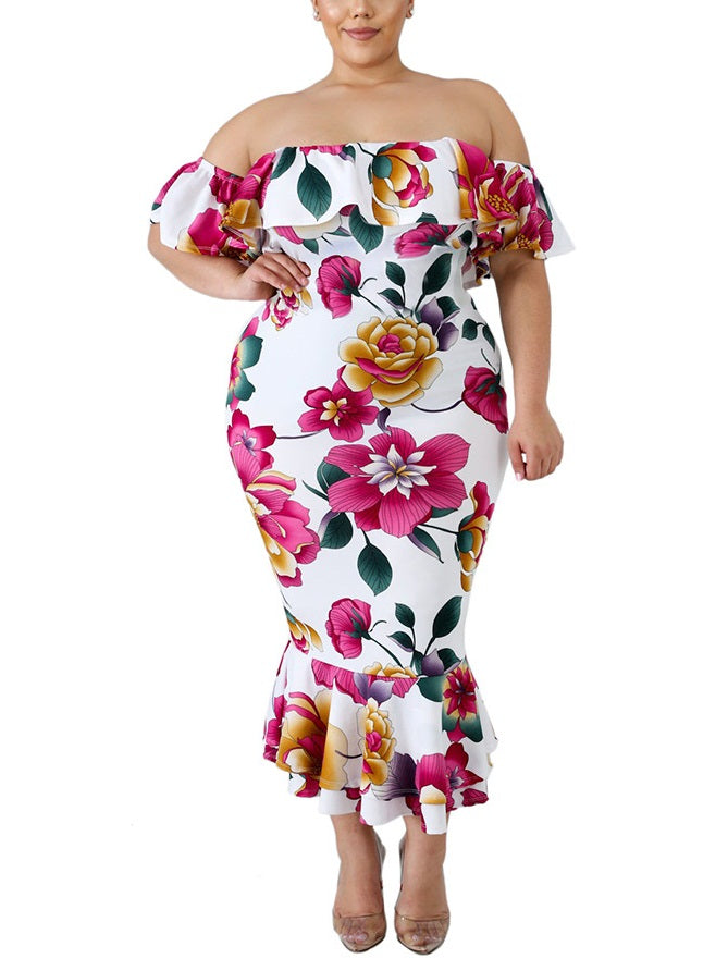 Soraia Plus Size Dinner Occasion Prom Formal Wedding Dress Off Shoulder Frills Floral Print Bodycon Fishtail Mermaid Floral Print Roses With Sleeves Short Sleeve Maxi Dress (White, Black) (EXTRA BIG SIZE)