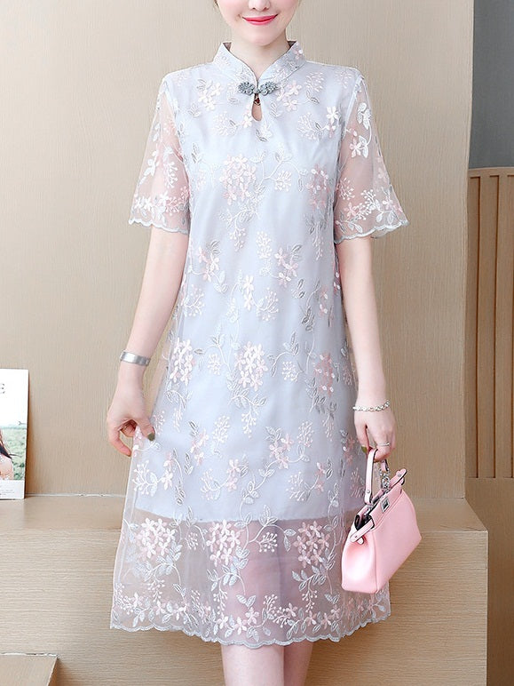 Tamaliah Plus Size Cheongsam Qipao Chinese New Year Scallop Floral Oriental Embroidery Lace Short Sleeve Midi Dress (Green Leaf, Grey Leaf)
