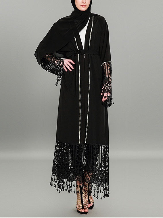 Moscelyne Pearl Trim Tassel Lace Maxi Jacket