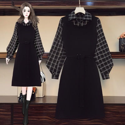 Plus Size Korean Black Long Sleeve Two-Piece Shirt Dress