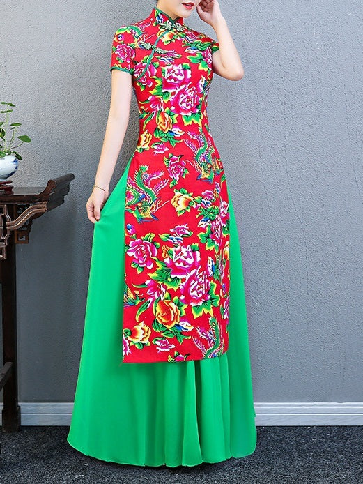 Megan (Bust 83-110CM) Green Layer  Plus Size Mother of The Bride Cheongsam Qipao Short Sleeve Maxi Dress