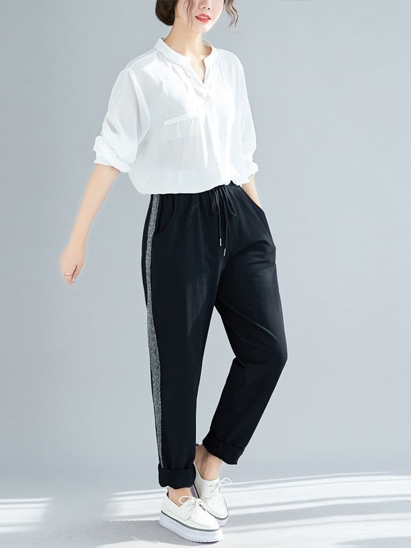 Otilia Silver Shimmer Stripe Leg Cuff Track Pants (EXTRA BIG SIZE)